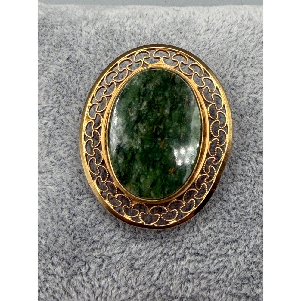 Vintage Burt Cassell 12K Gold Filled Green Stone Oval Brooch Ornate #1080